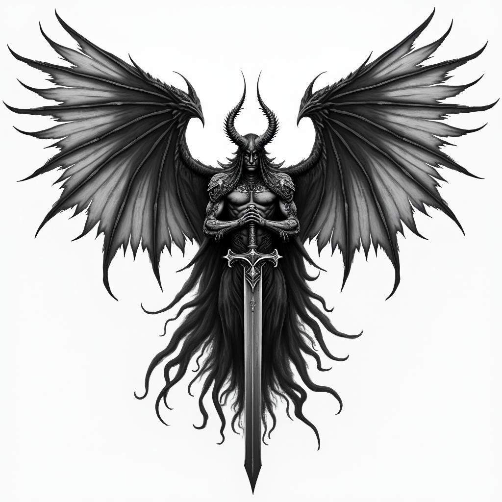 A dark midevil guardian with wings and a sword.higly detailed tattoo