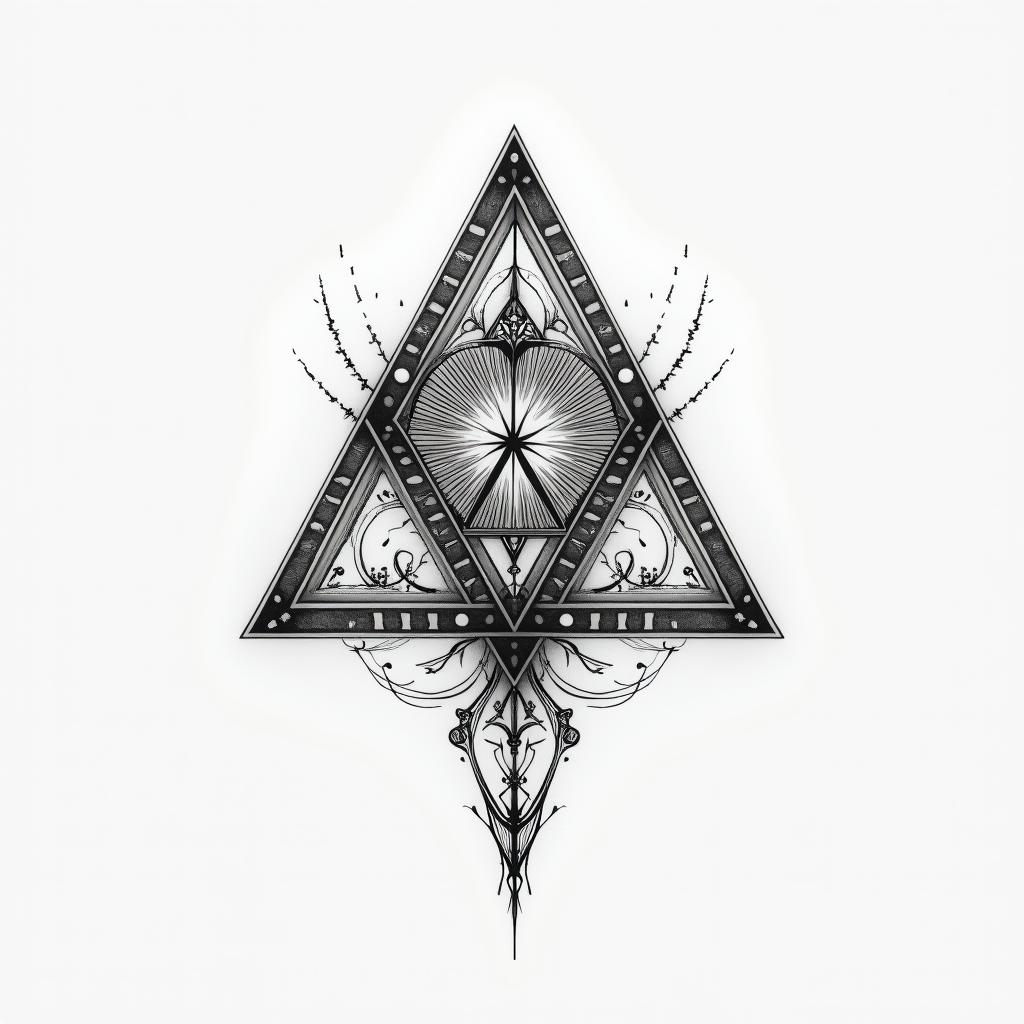 Psychedelic dmt visuals, golden ratio geometry sigil. Include alien tribal glyphs. Include elemental alchemy.in minimalist style tattoo, featuring simple shapes and fine lines, with minimal shading and details, tiny triangles, creating a sense of balance and harmony - Variation 1