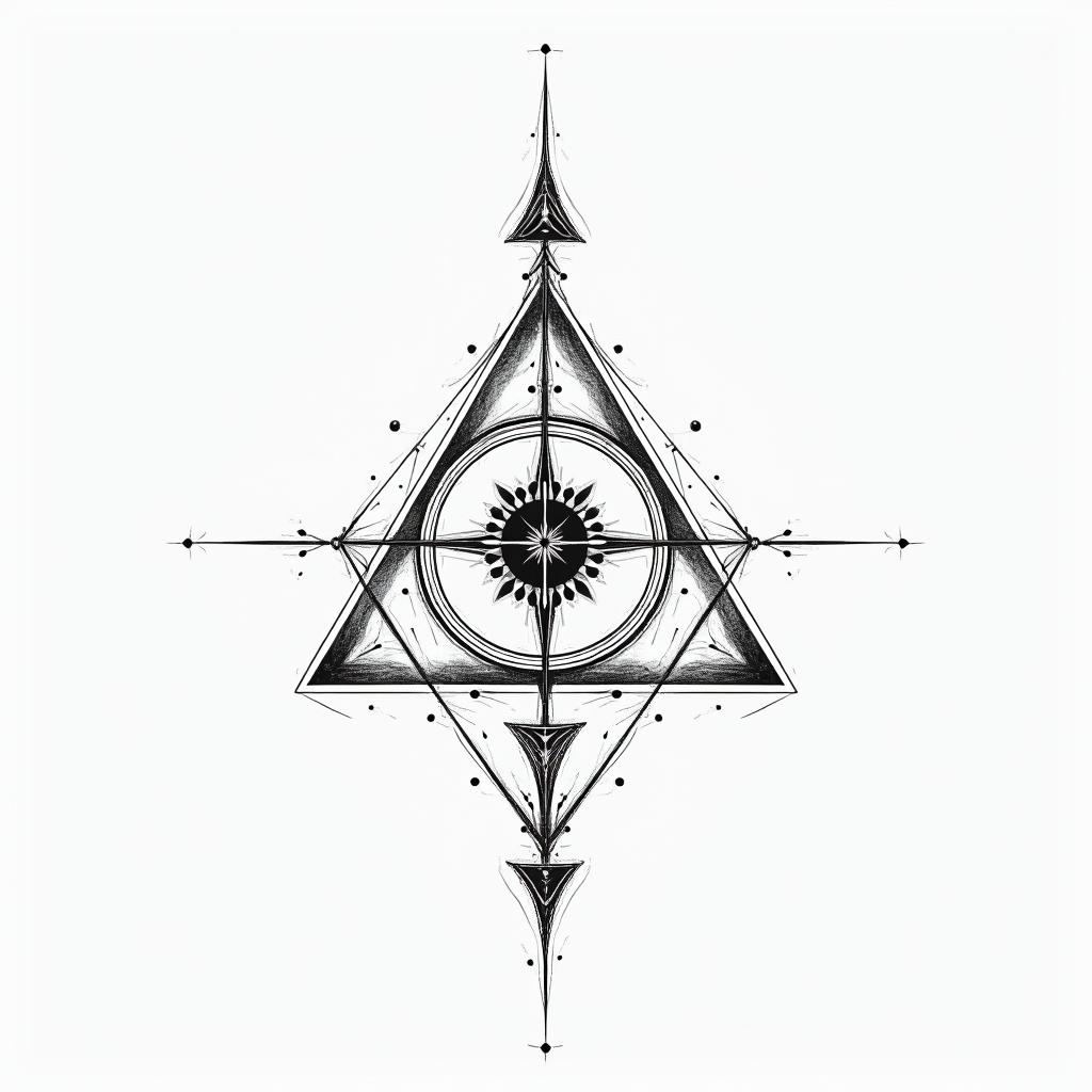 Psychedelic dmt visuals, golden ratio geometry sigil. Include alien tribal glyphs. Include elemental alchemy. Psychedelic geometryin minimalist style tattoo, featuring simple shapes and fine lines, with minimal shading and details, tiny triangles, creating a sense of balance and harmony - Variation 1