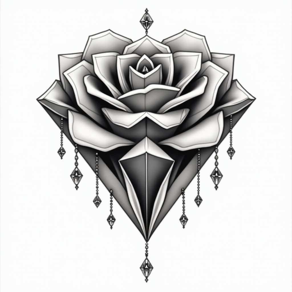 Single diamond shaped like a rose that has mini diamonds dripping off of each petal in geometric style tattoo, blending hexagons, mandala-inspired patterns, symmetrical and fractal design, clean lines, sharp angles