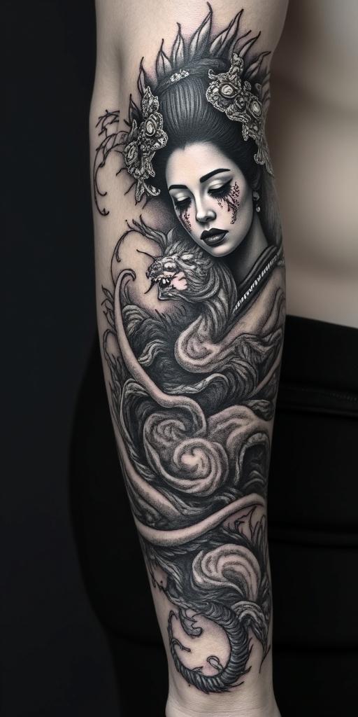 Geisha girl and her pet fire breathing dragon in horror tattoo style, showcasing haunting and unsettling, dark and gritty textures with skulls, eerie faces, jgged designs, bold and intense shading in horror tattoo style, showcasing haunting and unsettling, dark and gritty textures with skulls, eerie faces, jgged designs, bold and intense shading