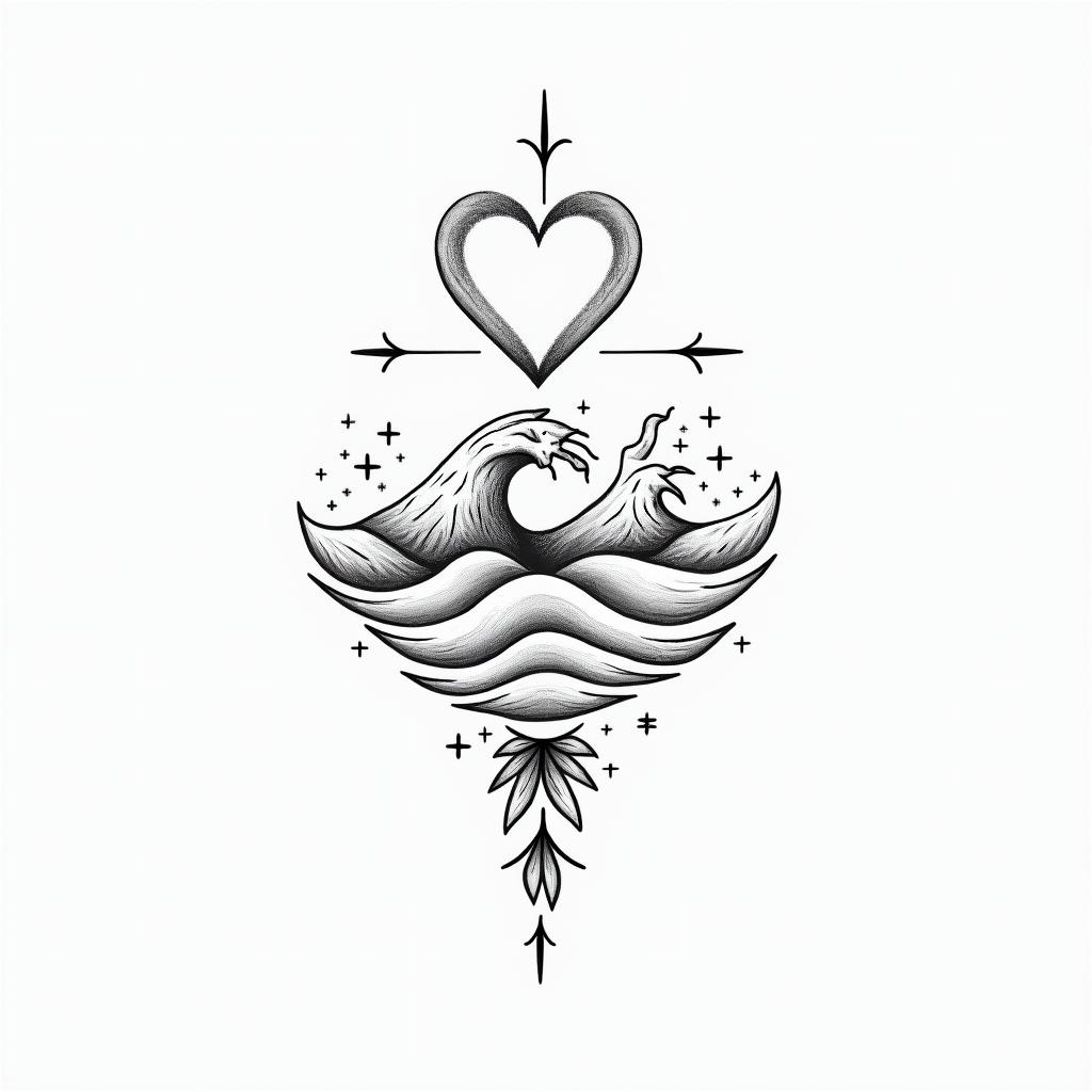 February, June, Decemberin Modest style tattoo, featuring soft, delicate line work with simple and meaningful symbols, gentle waves, a heart, evoking a sense of serenity and grace,in Modest style tattoo, featuring soft, delicate line work with simple and meaningful symbols, gentle waves, a heart, evoking a sense of serenity and grace,