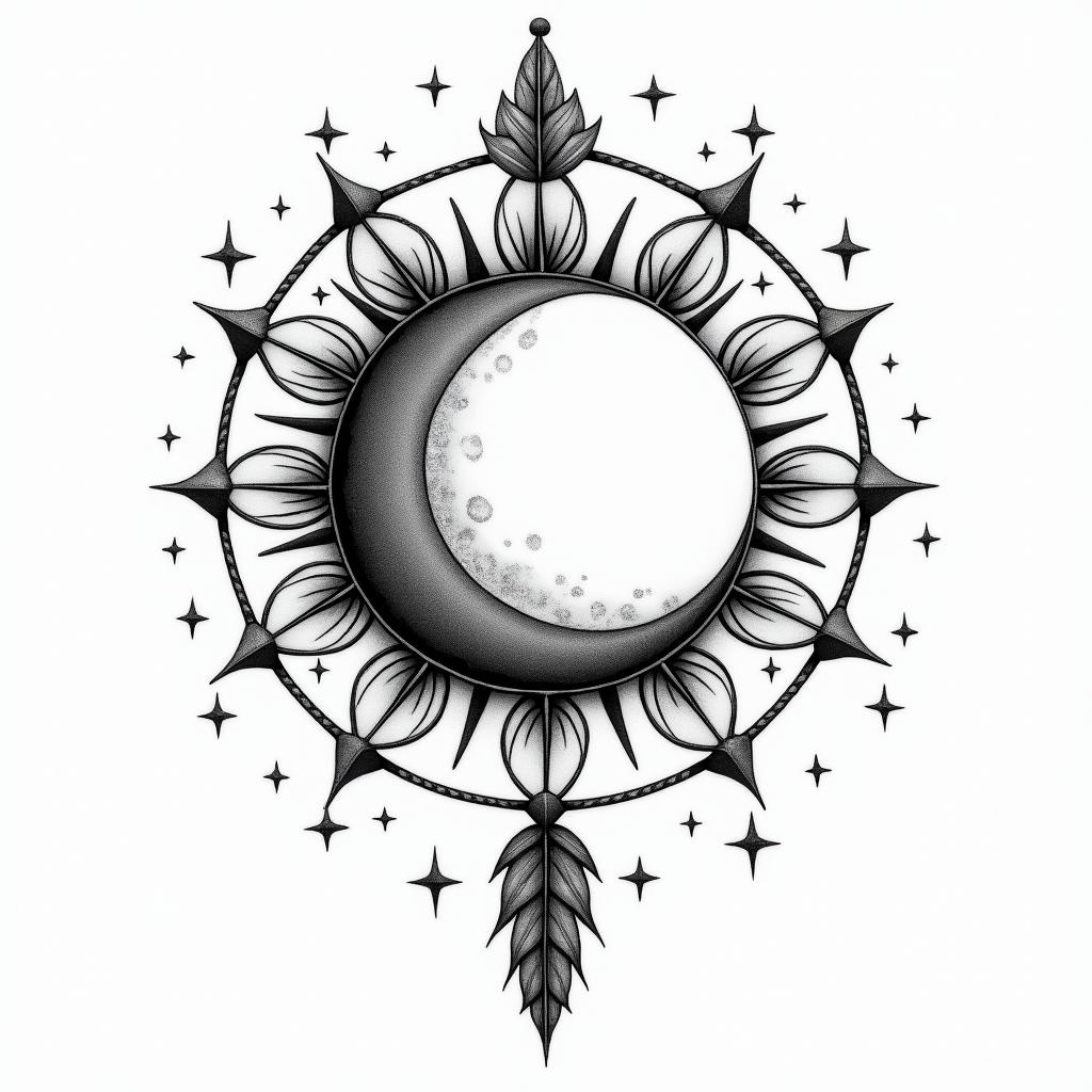 Moon sun dream catcher with 🪶 around and Stars higly detailed tattoo