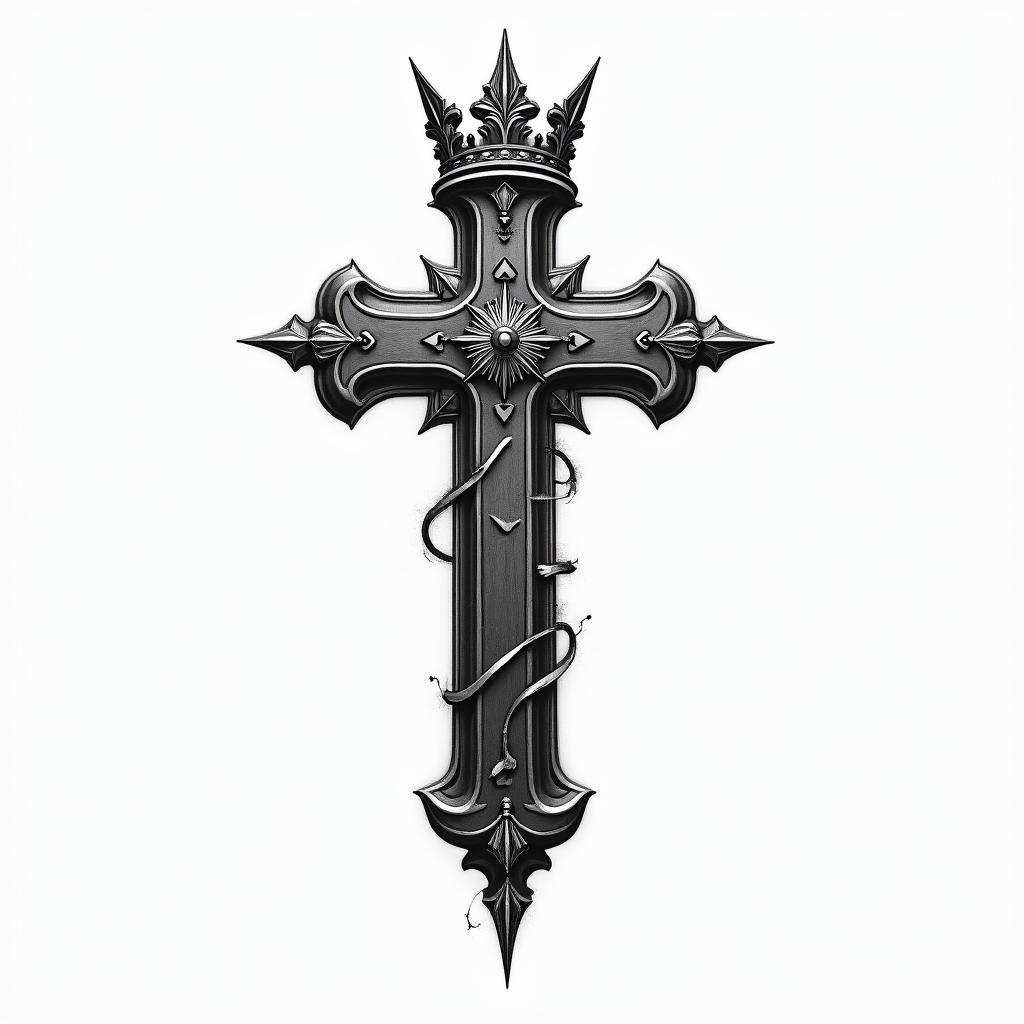 Cross with a slanted crownhigly detailed tattoo - Variation 7