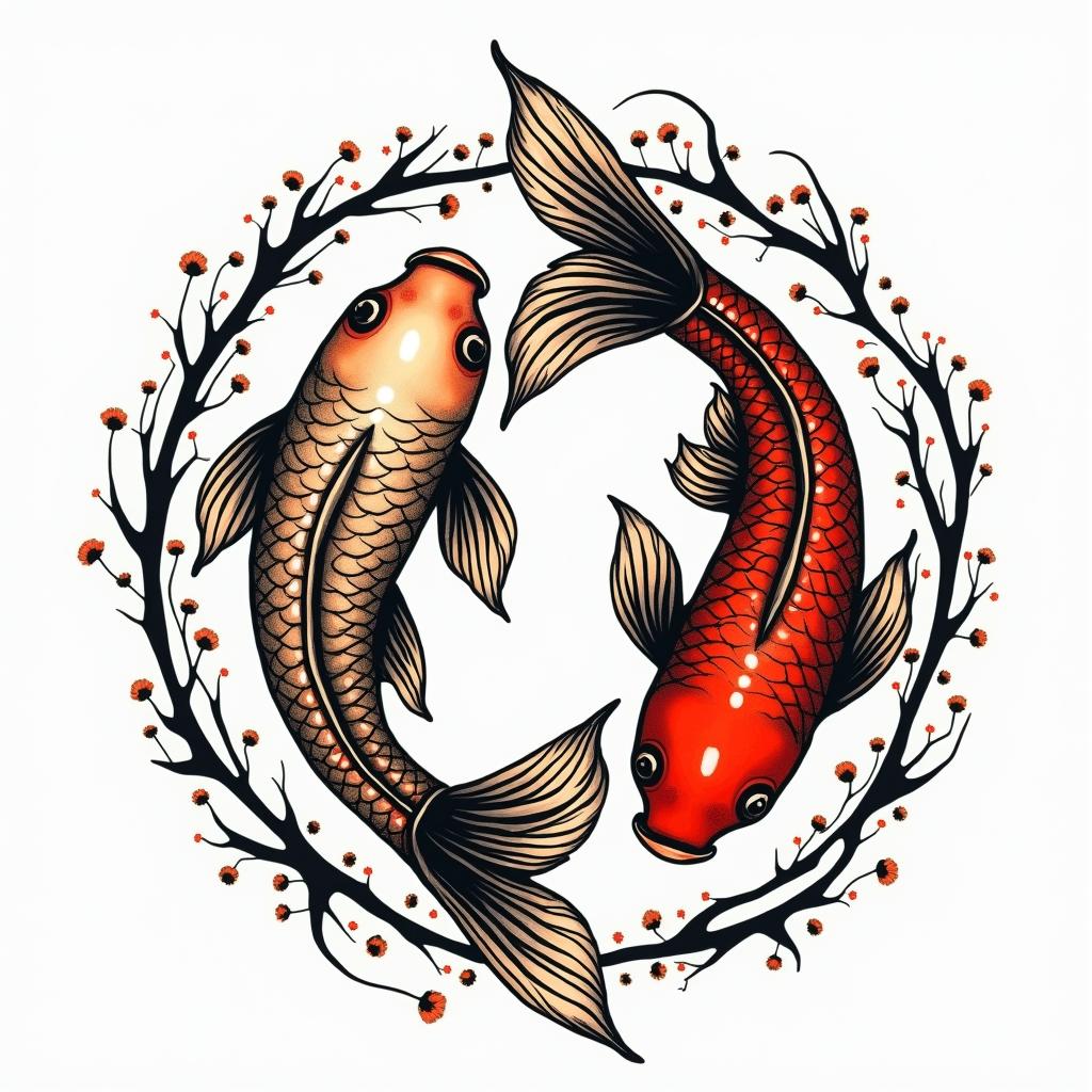 Two koi fish swimming in circlesin pop art style tattoo, featuring bold and vibrant colors, exaggerated outlines, iconic imagery, inspired by comic books and speech bubbles, comic book characters, retro pop culture - Variation 4