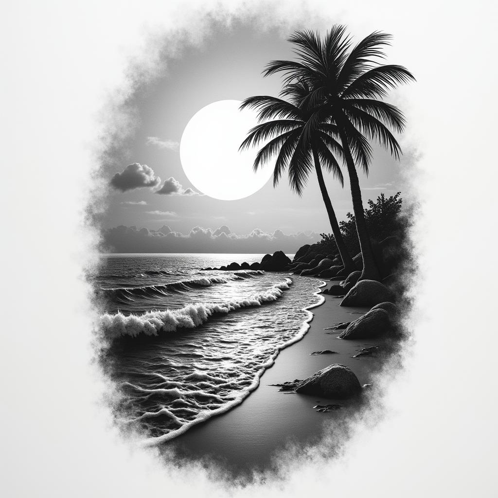 Nighttime beach scenehigly detailed tattoo - Variation 6