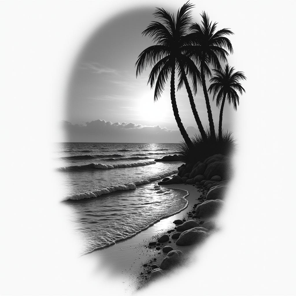 Nighttime beach scenehigly detailed tattoo - Variation 7