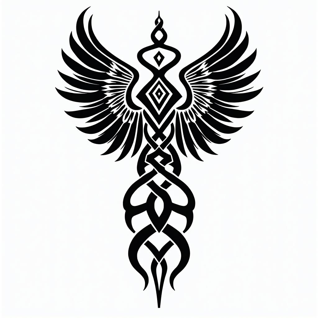 Angel of nirvanain tribal tattoo style, featuring bold and black geometric shapes, curved lines, intertwine and flow seamlessly, creating a powerful and symbolic design, polynesian and maori styles - Variation 4