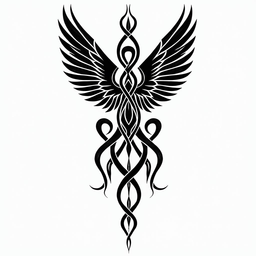 Angel of nirvanain tribal tattoo style, featuring bold and black geometric shapes, curved lines, intertwine and flow seamlessly, creating a powerful and symbolic design, polynesian and maori styles - Variation 2