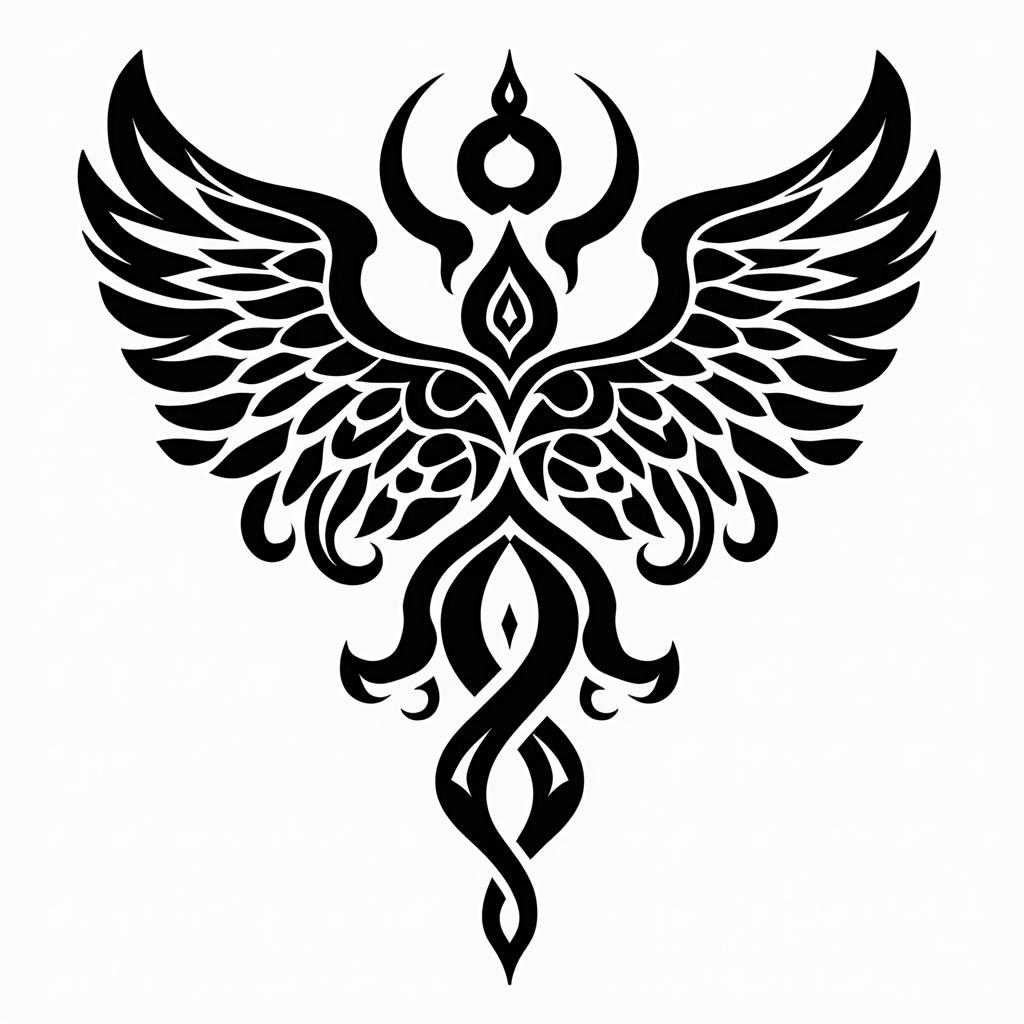 Angel of nirvanain tribal tattoo style, featuring bold and black geometric shapes, curved lines, intertwine and flow seamlessly, creating a powerful and symbolic design, polynesian and maori styles - Variation 3
