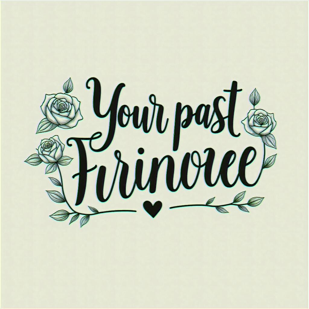 Your past doesn’t equal your future something easy for beginnersin elegant cursive calligraphy style 2d tattoo, decorate with roses, featuring a smooth and flowing handwritten script with slightly thickened strokes for a luxurious and bold appearance,  heart symbol between names,  sleek and glossy black text with shadowing, minimalist matte white background, clean and sharp edges, illuminated with soft lighting, romantic, 8k, high-quality textures with refined typography - Variation 3