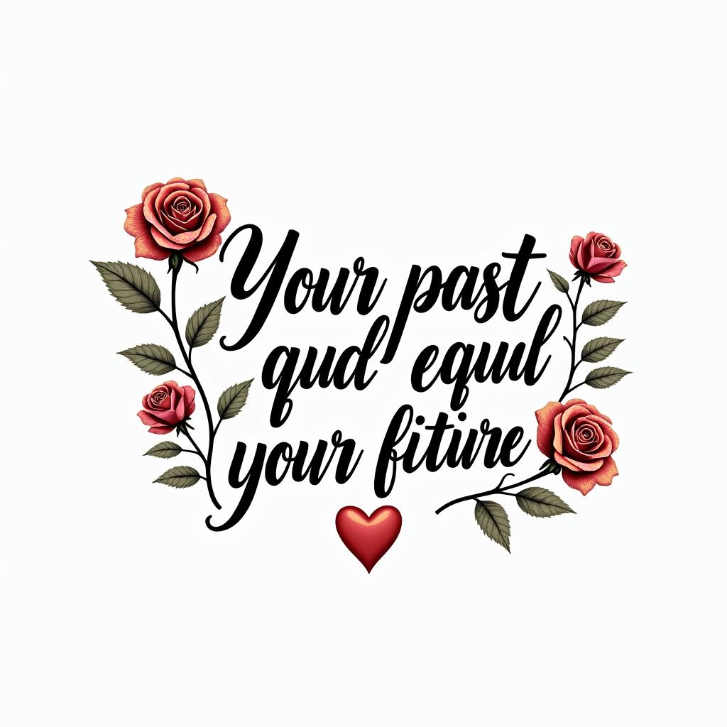 Your past doesn’t equal your future something easy for beginnersin elegant cursive calligraphy style 2d tattoo, decorate with roses, featuring a smooth and flowing handwritten script with slightly thickened strokes for a luxurious and bold appearance,  heart symbol between names,  sleek and glossy black text with shadowing, minimalist matte white background, clean and sharp edges, illuminated with soft lighting, romantic, 8k, high-quality textures with refined typography - Variation 2