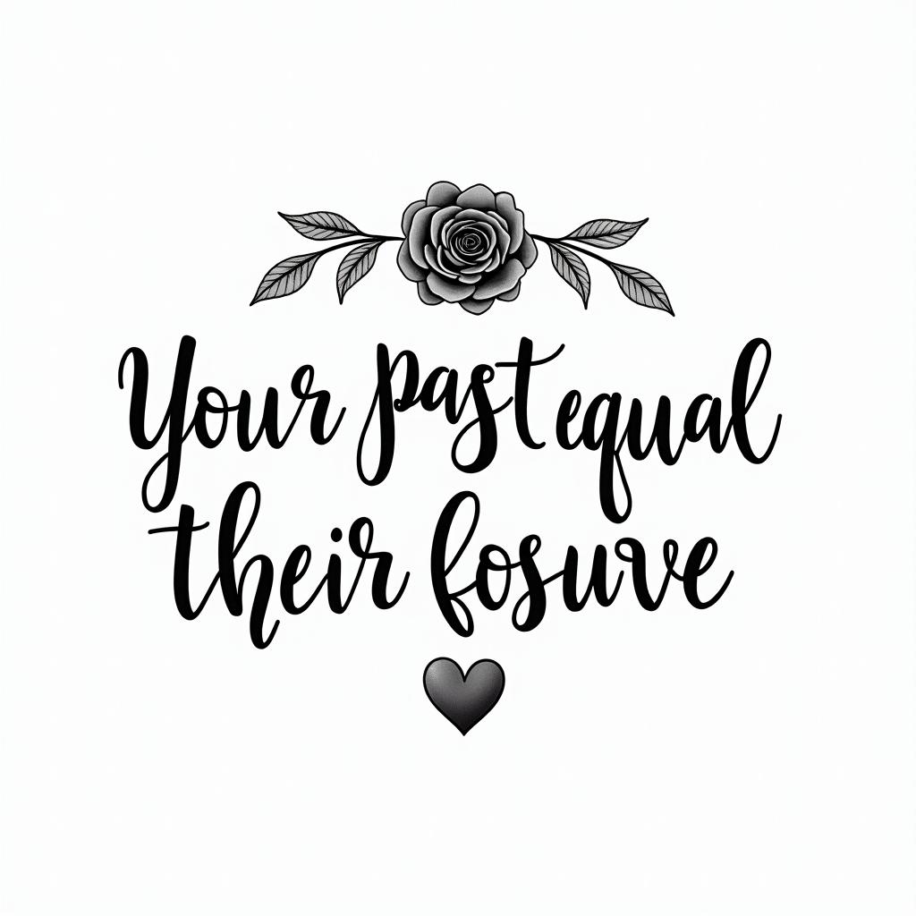 Your past doesn’t equal your future something easy for beginnersin elegant cursive calligraphy style 2d tattoo, decorate with roses, featuring a smooth and flowing handwritten script with slightly thickened strokes for a luxurious and bold appearance,  heart symbol between names,  sleek and glossy black text with shadowing, minimalist matte white background, clean and sharp edges, illuminated with soft lighting, romantic, 8k, high-quality textures with refined typography