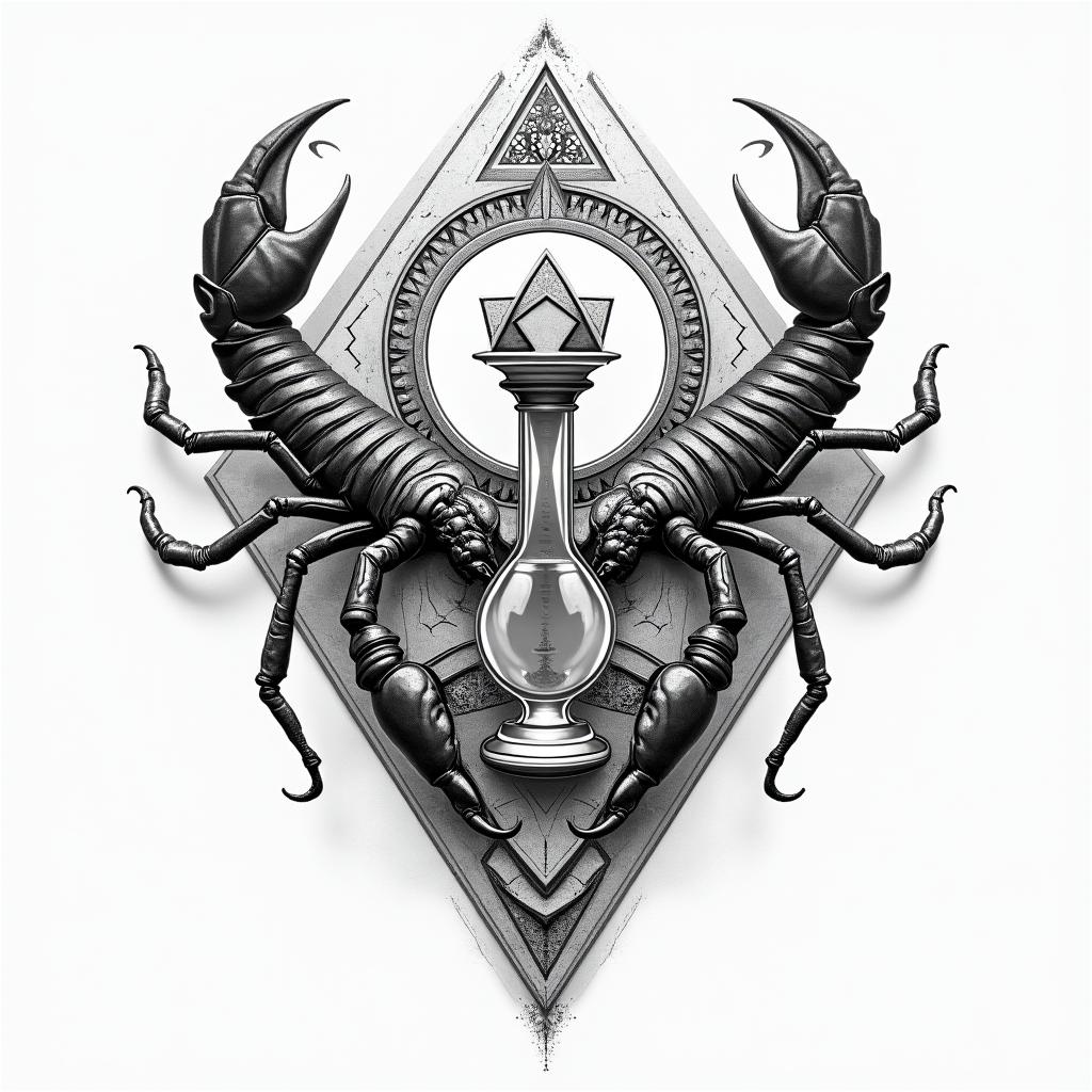 A geometric tattoo design featuring two scorpions symbolizing the Scorpio zodiac, integrated with an ornate geometric temple in black and gray. A woman holds an hourglass, representing the concept of time running, displayed in a striking posture that conveys a sense of urgency and reflection.higly detailed tattoo