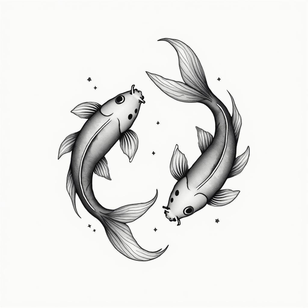 Two koi fish swimming in circlesin minimalist style tattoo, featuring simple shapes and fine lines, with minimal shading and details, tiny triangles, creating a sense of balance and harmony - Variation 4