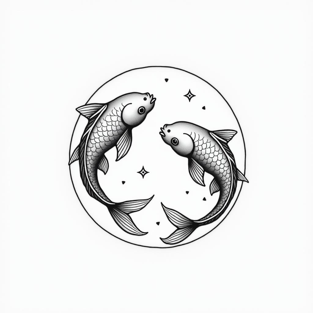 Two koi fish swimming in circlesin minimalist style tattoo, featuring simple shapes and fine lines, with minimal shading and details, tiny triangles, creating a sense of balance and harmony - Variation 1