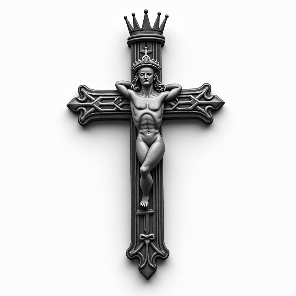 Cross with a slanted crownhigly detailed tattoo - Variation 3