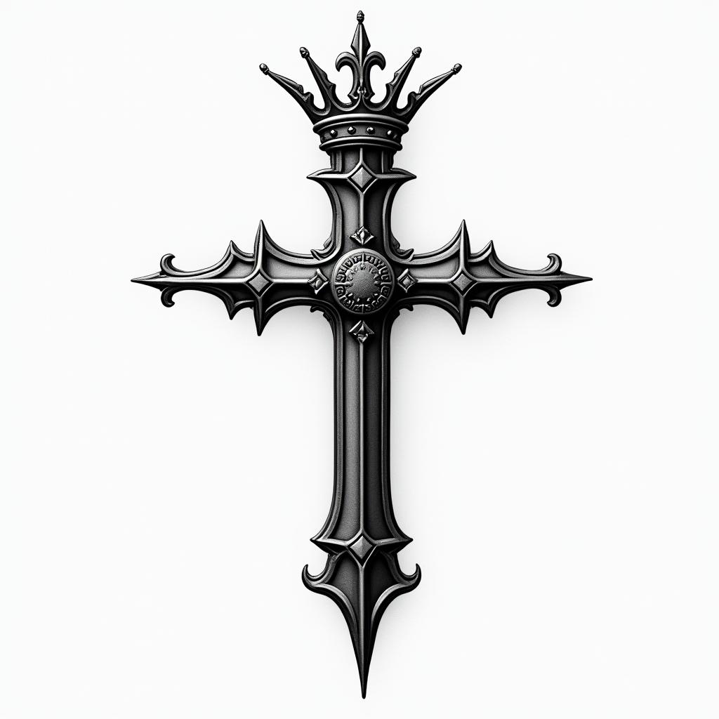 Cross with a slanted crownhigly detailed tattoo