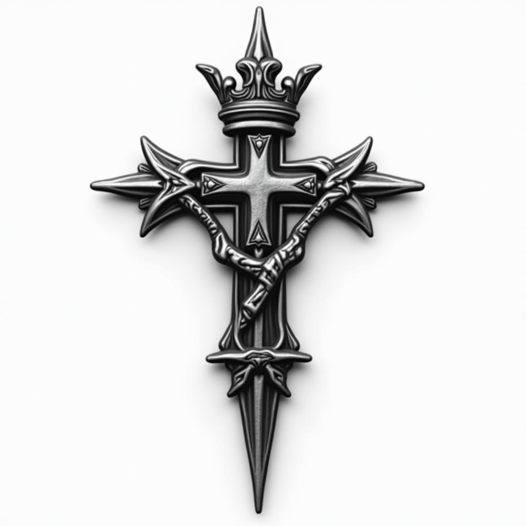 Cross with a slanted crownhigly detailed tattoo - Variation 2