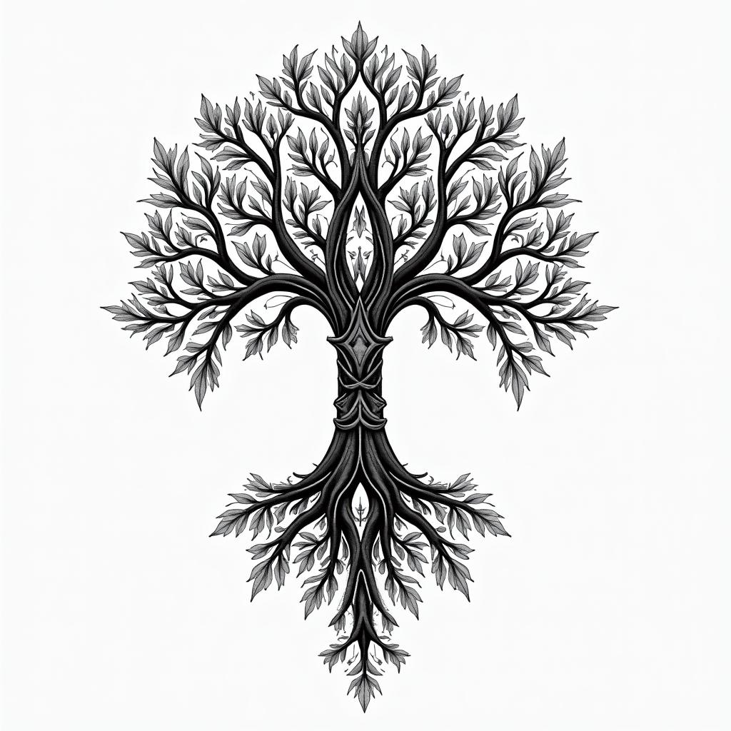 Tree of life on the backin ornamental tattoo style, featuring intricate symmetrical patterns and floral designs, showcasing highly detailed line work and geometric shapes, creating a sense of elegance and balance - Variation 2