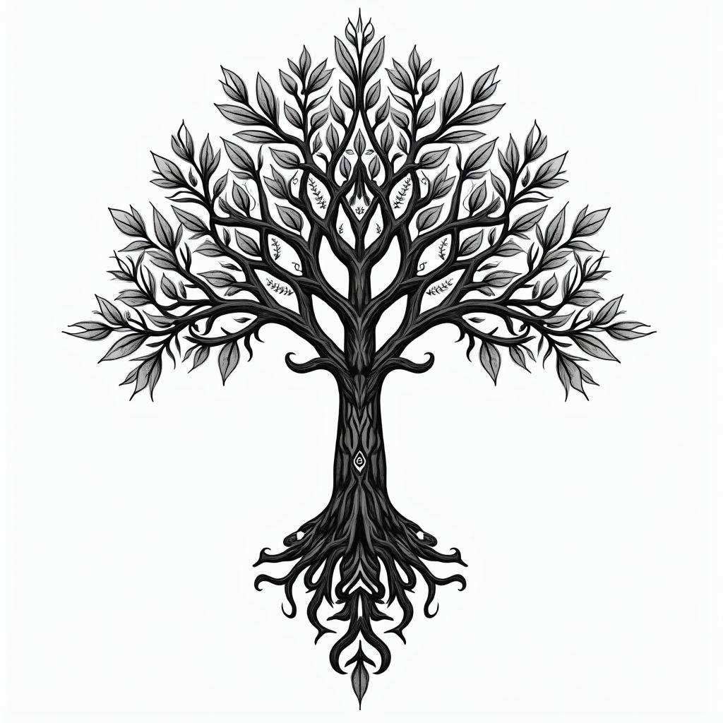 Tree of life on the backin ornamental tattoo style, featuring intricate symmetrical patterns and floral designs, showcasing highly detailed line work and geometric shapes, creating a sense of elegance and balance - Variation 3