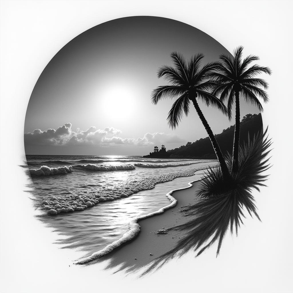 Nighttime beach scenehigly detailed tattoo - Variation 4