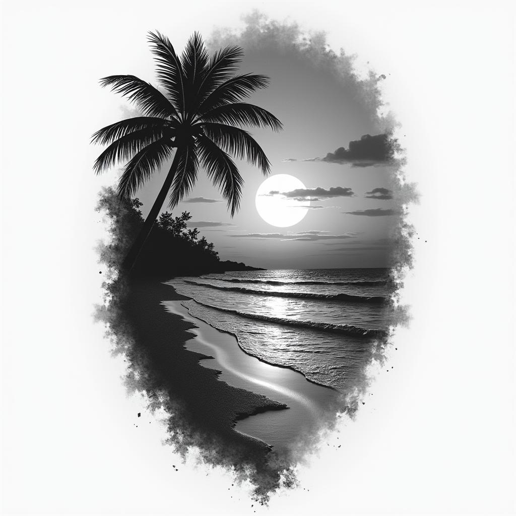 Nighttime beach scenehigly detailed tattoo - Variation 2