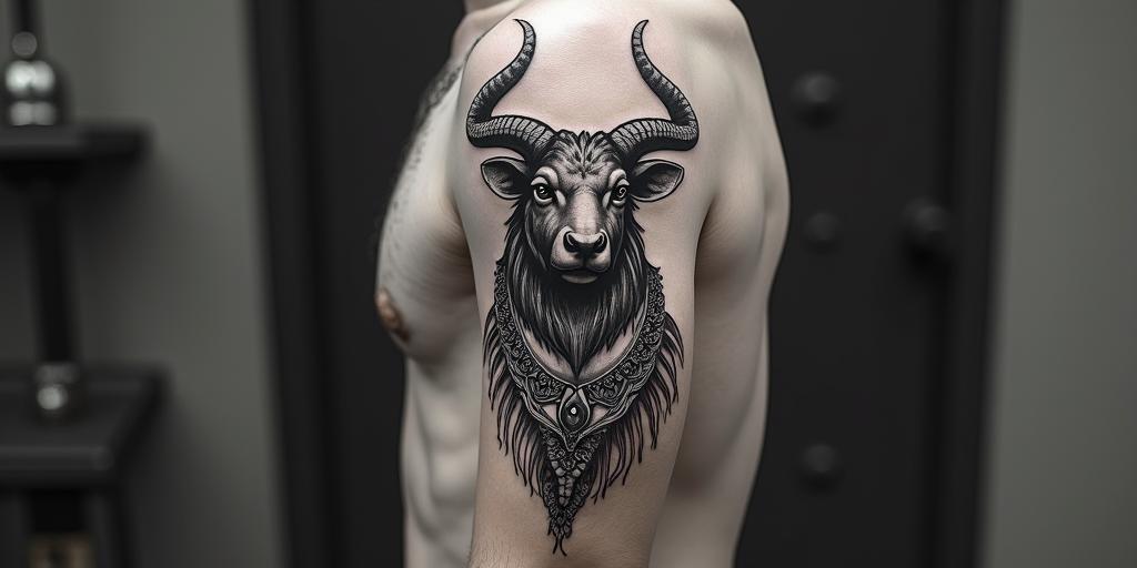 Taurus with very strong wisdomin bohemian style tattoo, 8k - Variation 3
