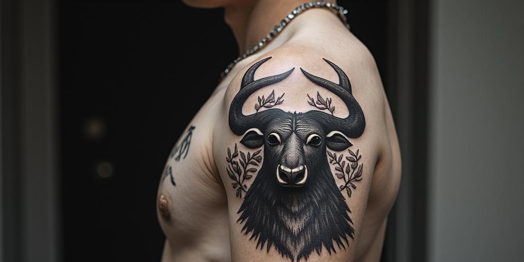 Taurus with very strong wisdomin bohemian style tattoo, 8k - Variation 4