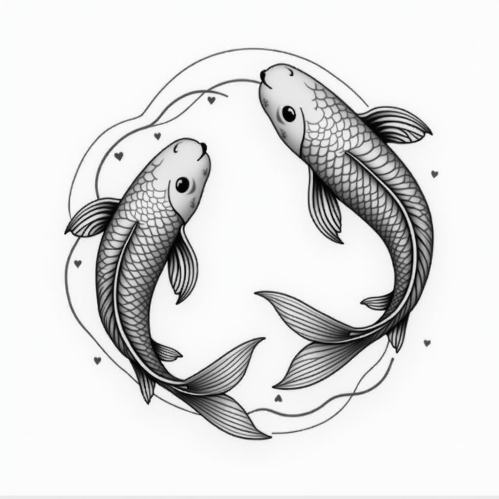 Two koi fish swimming in circlesin Modest style tattoo, featuring soft, delicate line work with simple and meaningful symbols, gentle waves, a heart, evoking a sense of serenity and grace, - Variation 2