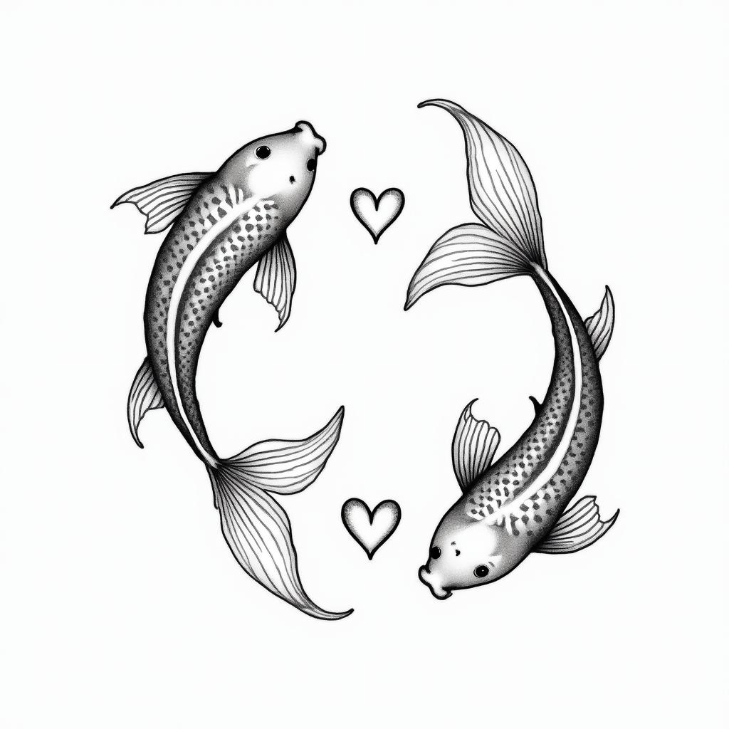 Two koi fish swimming in circlesin Modest style tattoo, featuring soft, delicate line work with simple and meaningful symbols, gentle waves, a heart, evoking a sense of serenity and grace, - Variation 3