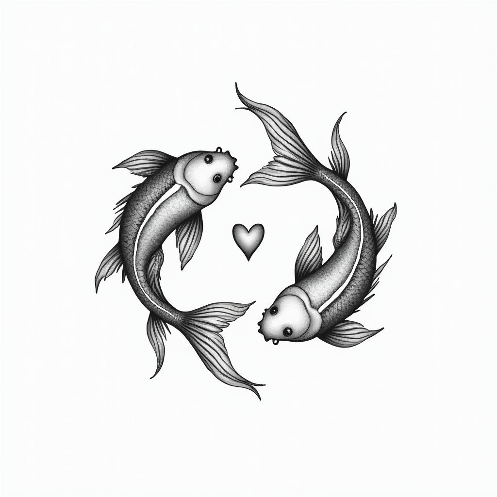 Two koi fish swimming in circlesin Modest style tattoo, featuring soft, delicate line work with simple and meaningful symbols, gentle waves, a heart, evoking a sense of serenity and grace,
