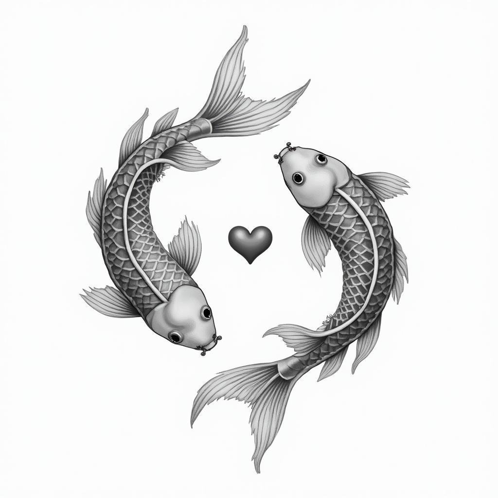 Two koi fish swimming in circlesin Modest style tattoo, featuring soft, delicate line work with simple and meaningful symbols, gentle waves, a heart, evoking a sense of serenity and grace, - Variation 4