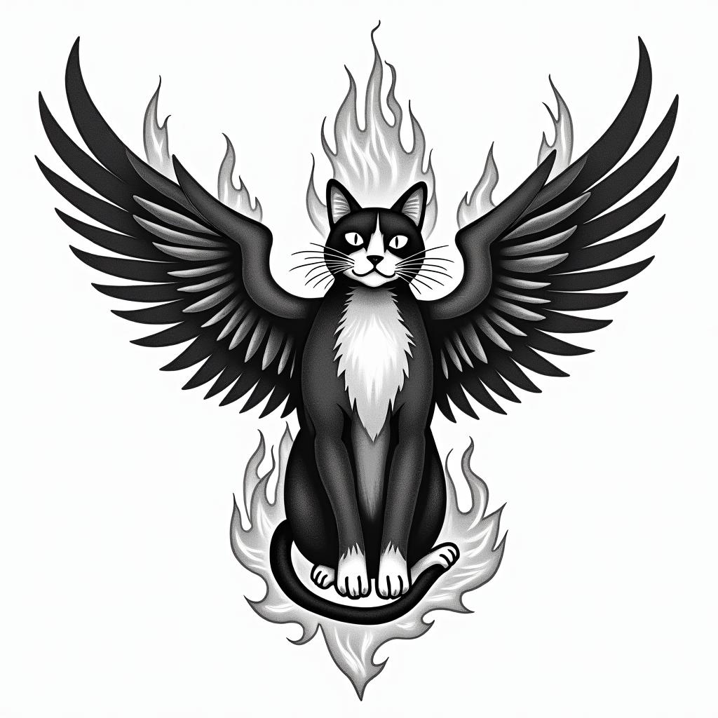 Cat, fire, wingsin authentic tattoo style, incorporating traditional modifications, bold black outlines, solid color fills, featuring classic authentic elements