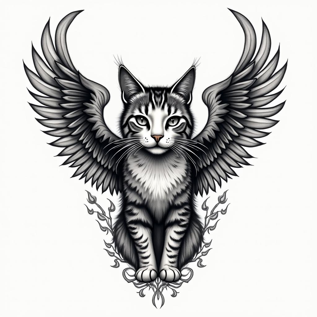 Cat, fire, wingsin authentic tattoo style, incorporating traditional modifications, bold black outlines, solid color fills, featuring classic authentic elements - Variation 4