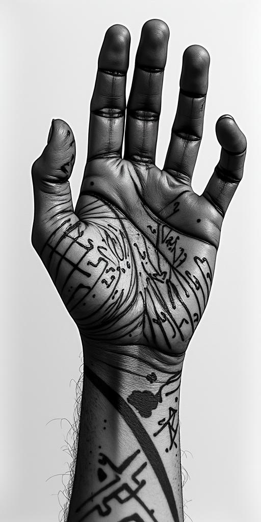 The phrase "idol hands are the devil's playground" portrayed through art. No wordsin graffiti style tattoo, featuring bold and dynamic street art elements, spray-paint texture with exaggerated lines and expressive, chaotic brushstrokes, intricate lettering incorporated with graffiti tags, symbols like hearts, stars, and wings - Variation 7