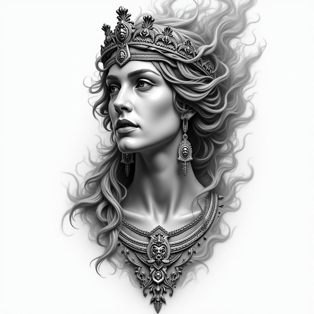 Athena, the goddess of war, firehigly detailed tattoo - Variation 70