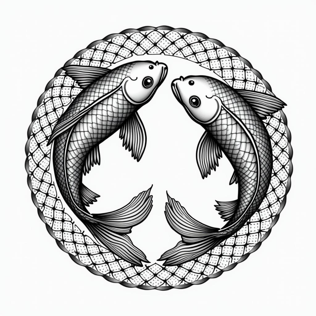 Two koi fish swimming in circlesin dotwork style tattoo, complex mandala patterns, interlocking geometric shapes with sharp symmetry, clean lines, sharp angles - Variation 3