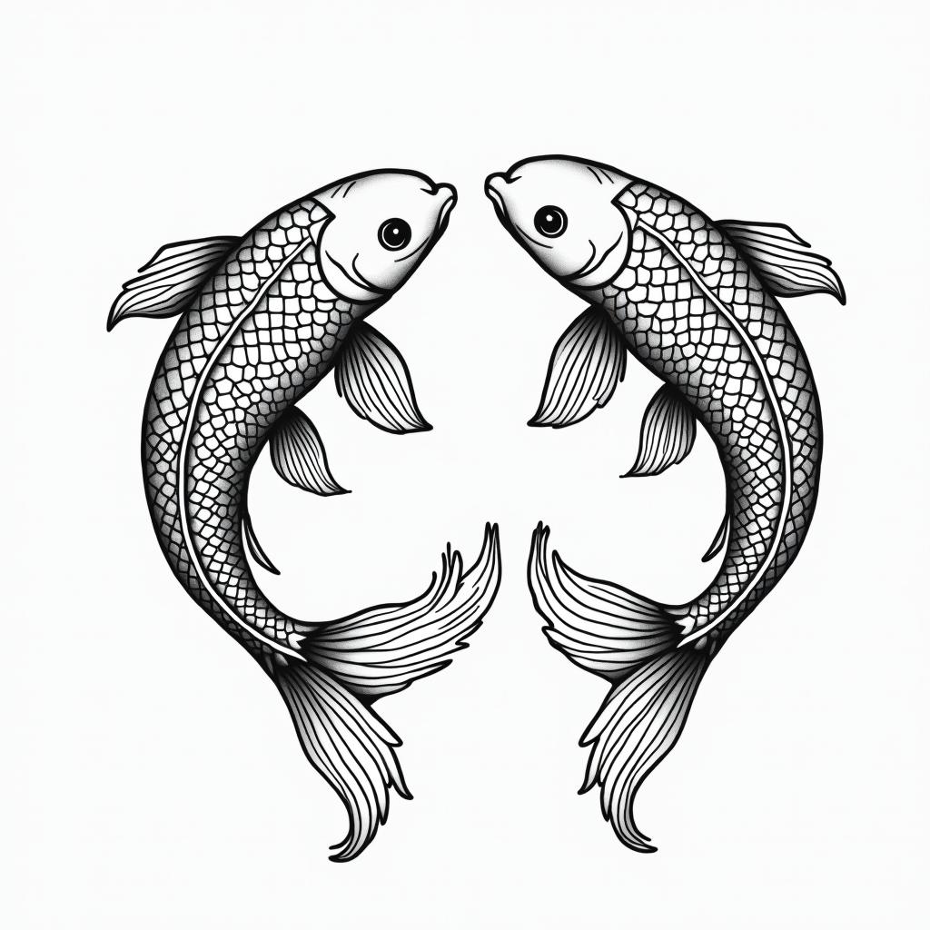 Two koi fish swimming in circlesin dotwork style tattoo, complex mandala patterns, interlocking geometric shapes with sharp symmetry, clean lines, sharp angles - Variation 2