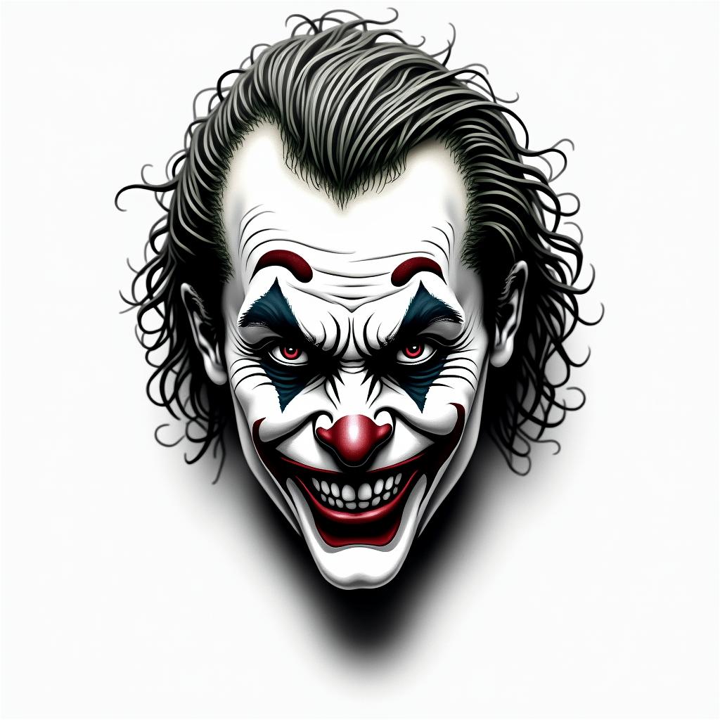 The Joker with a menacing smiletext-based tattoo, gothic font ultra-realistic, perfectly placed, high-quality font design, photo-realistic shading, 8k, high quality, finely detailed typography - Variation 9