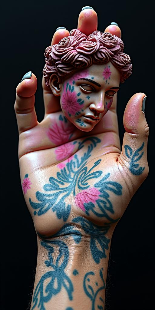 The phrase "idol hands are the devil's playground" portrayed through art. No wordsin distorted and fragmented tattoo design, featuring a classical statue bust, in a glitch art style with vibrant, overlapping colors of cyan, magenta, and yellow, creating a digital distortion effect - Variation 6