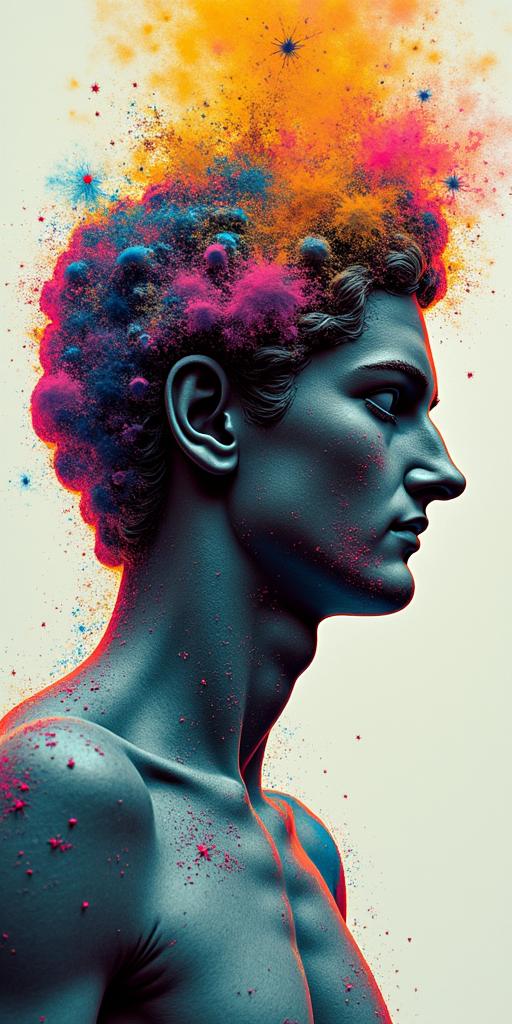 The phrase "idol hands are the devil's playground" portrayed through art. No wordsin distorted and fragmented tattoo design, featuring a classical statue bust, in a glitch art style with vibrant, overlapping colors of cyan, magenta, and yellow, creating a digital distortion effect - Variation 7