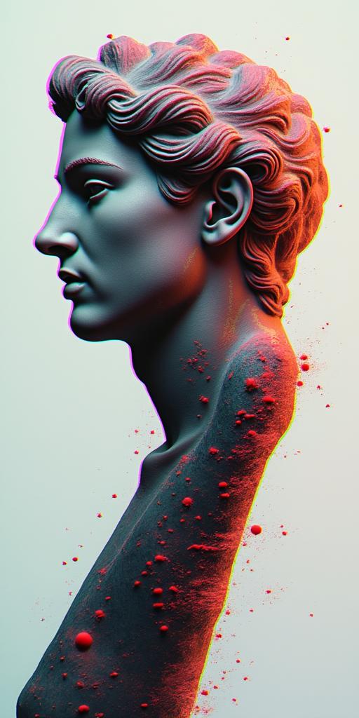 The phrase "idol hands are the devil's playground" portrayed through art. No wordsin distorted and fragmented tattoo design, featuring a classical statue bust, in a glitch art style with vibrant, overlapping colors of cyan, magenta, and yellow, creating a digital distortion effect - Variation 5
