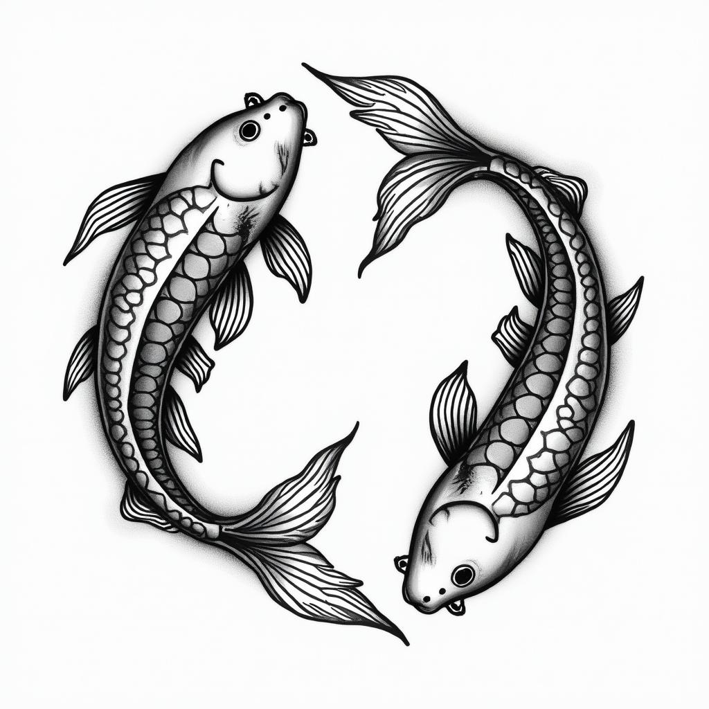Two koi fish swimming in circlesin authentic tattoo style, incorporating traditional modifications, bold black outlines, solid color fills, featuring classic authentic elements - Variation 3