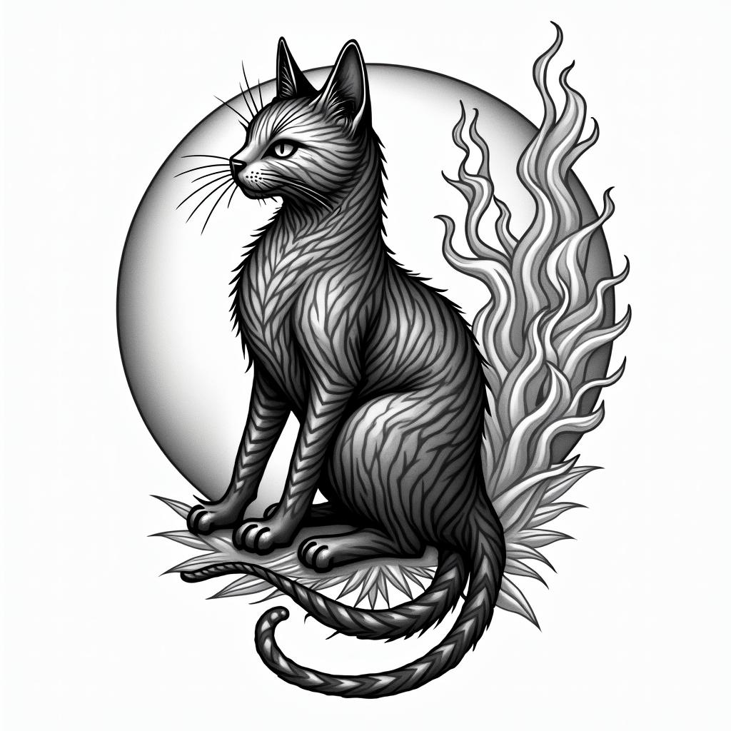 Cat, moon firein authentic tattoo style, incorporating traditional modifications, bold black outlines, solid color fills, featuring classic authentic elements - Variation 3