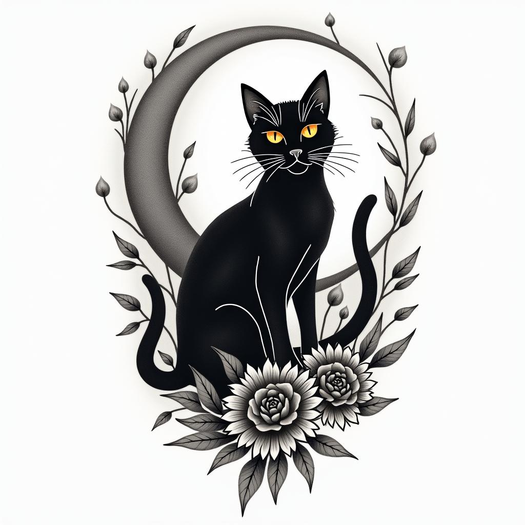 Cat, moon firein authentic tattoo style, incorporating traditional modifications, bold black outlines, solid color fills, featuring classic authentic elements