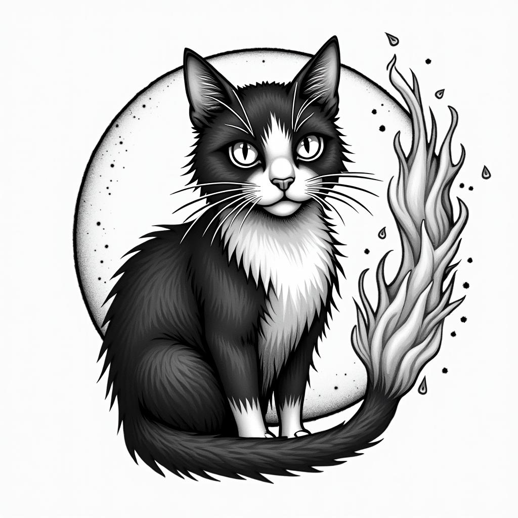 Cat, moon firein authentic tattoo style, incorporating traditional modifications, bold black outlines, solid color fills, featuring classic authentic elements - Variation 2