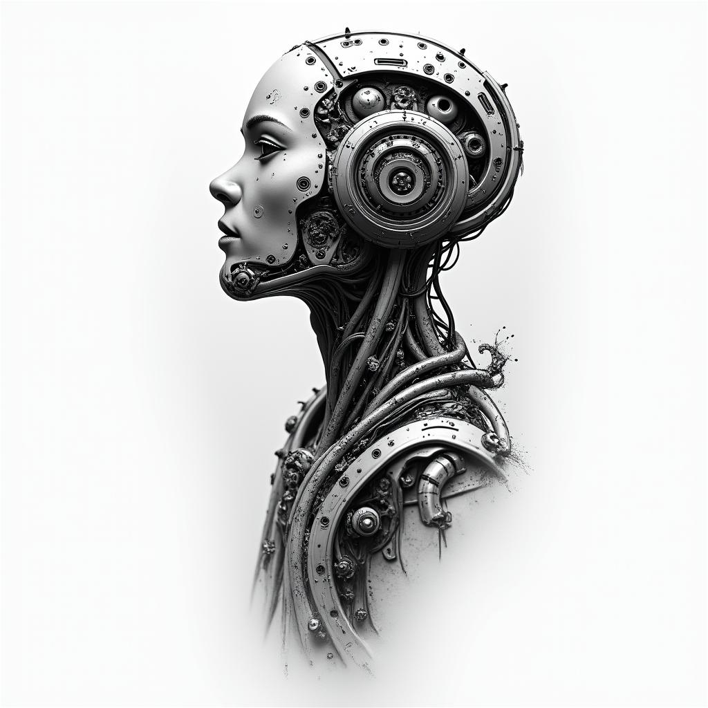 Perseverance and Headstrongtattoo in biomechanic style, the tattoo covered by robotic elements of futuristic cyberpunk design, robotic features detail, showcasing intricate mechanical components