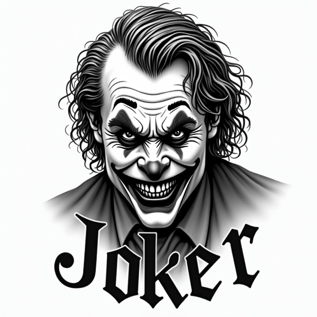 The Joker with a menacing smiletext-based tattoo, gothic font ultra-realistic, perfectly placed, high-quality font design, photo-realistic shading, 8k, high quality, finely detailed typography - Variation 8