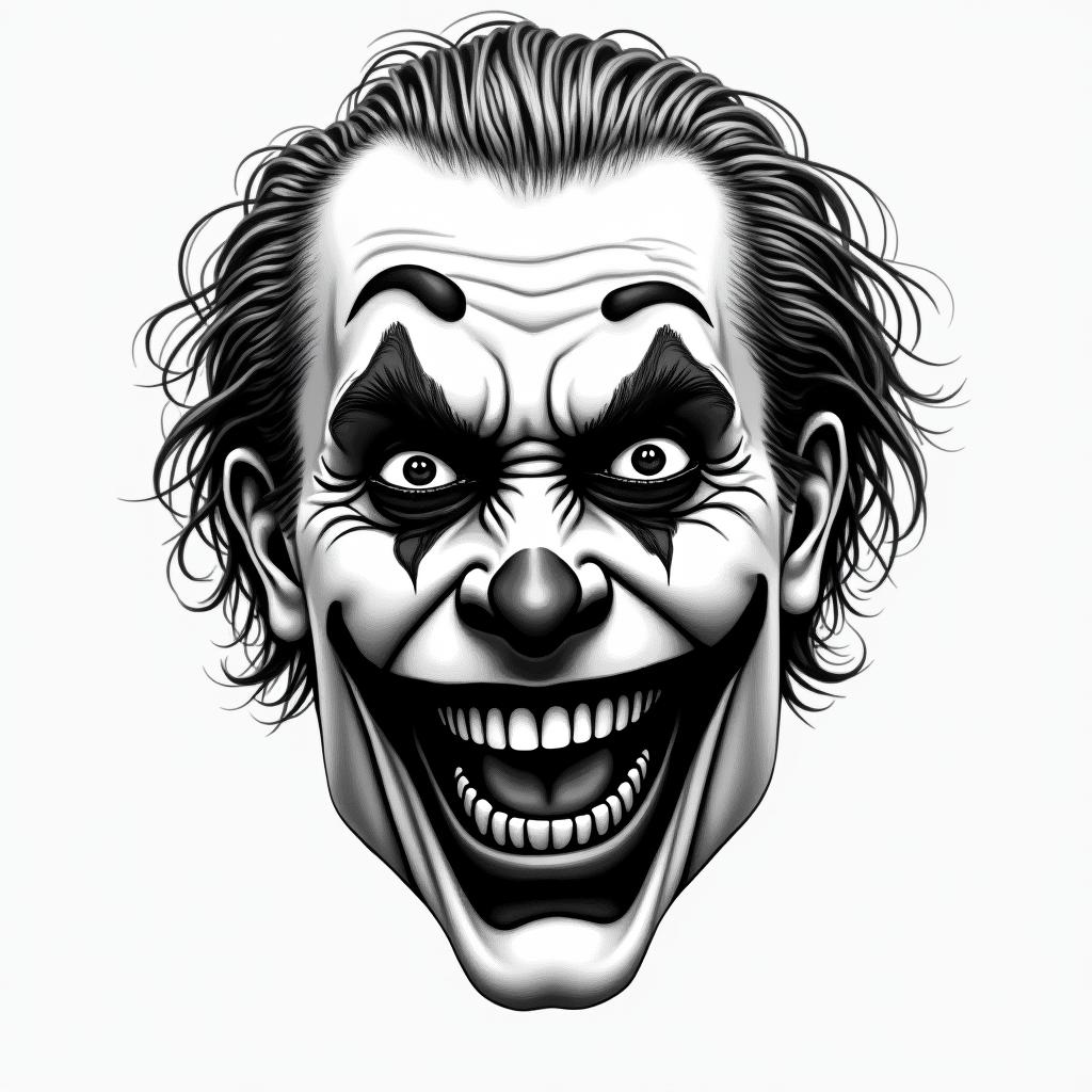 The Joker with a menacing smiletext-based tattoo, gothic font ultra-realistic, perfectly placed, high-quality font design, photo-realistic shading, 8k, high quality, finely detailed typography - Variation 7